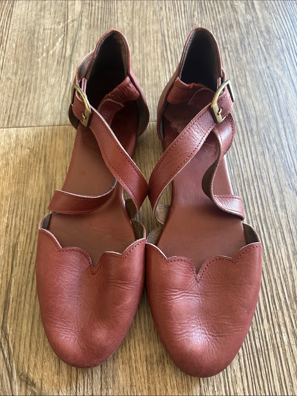 ELF Brown Scalloped Leather Mary Jane Flats